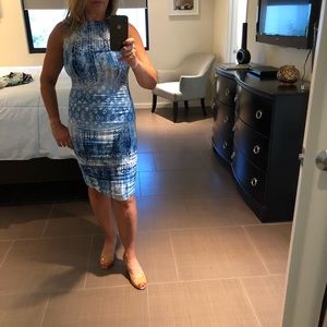 Ruched stretchy jersey pretty blue.Wear short/long